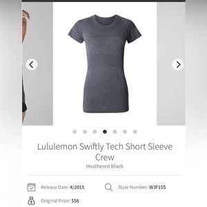 Lululemon Swiftly Tech Short Sleeve
Crew
Heathered Black
Size 8